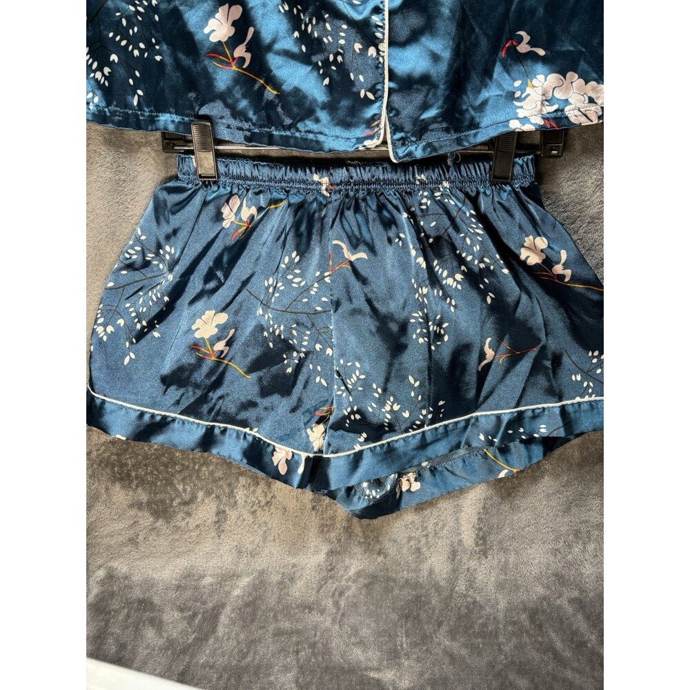 Blue Satin Floral Pajama Set Collared Button Front Piping Short Sleeve - L - Picture 3 of 10